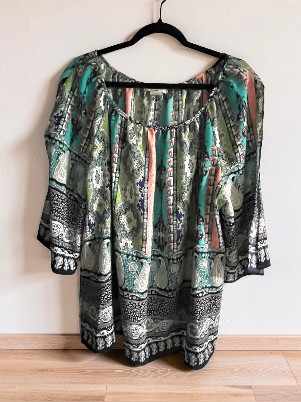 Moa Moa Paisley Peasant Tunic Top Blouse-Teal, Coral, Navy-Sz 1X